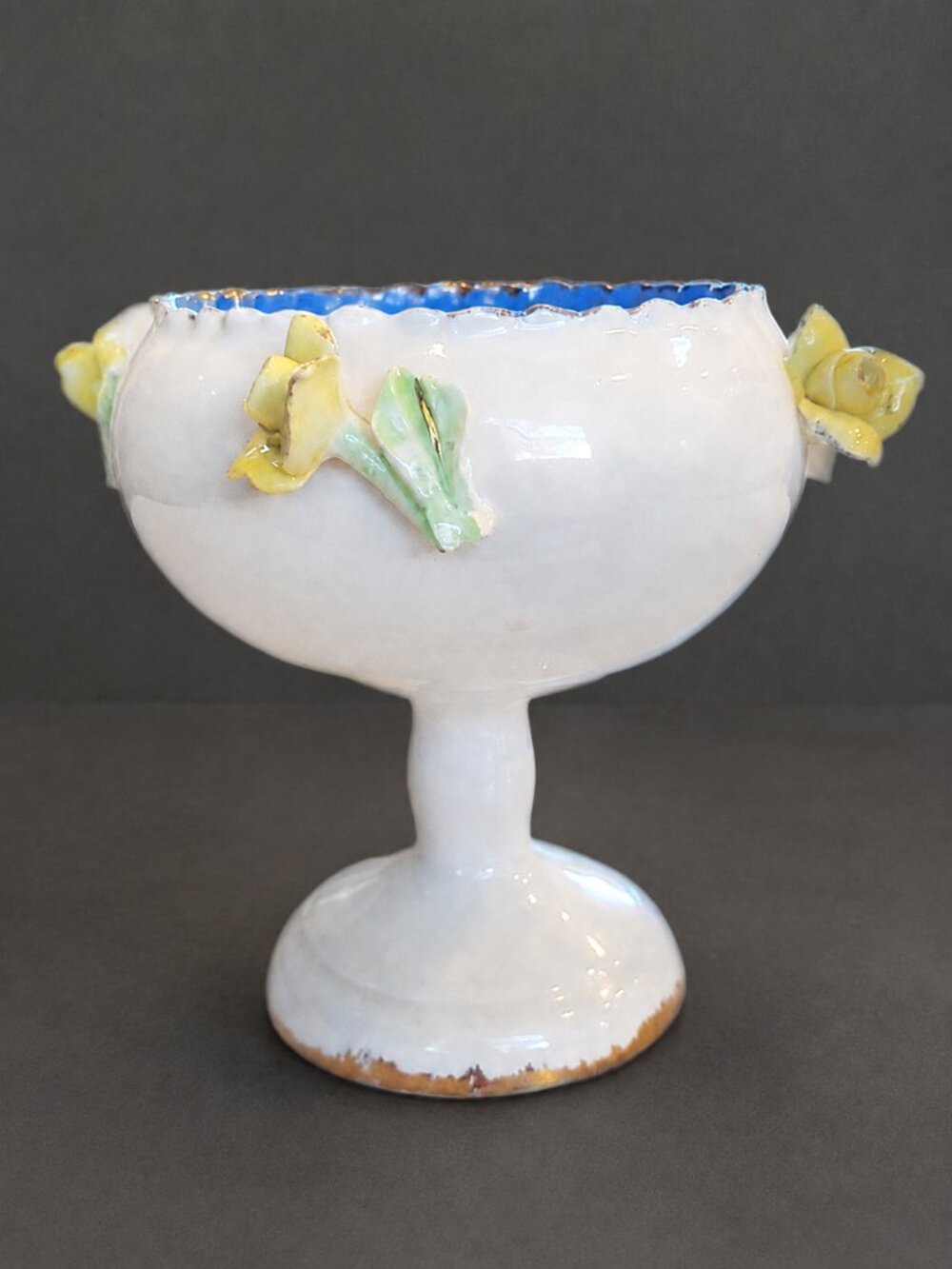 Vintage Signed Porcelain Pedestal Compote Bowl Yellow Roses 5.5"